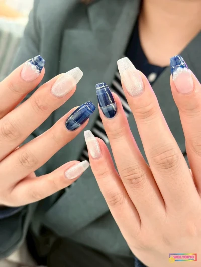 WOLTOKYO 池袋店 池袋ネイル 韓国ネイル ネイビー×チェック韓国ネイル｜華やかに 担当Ran